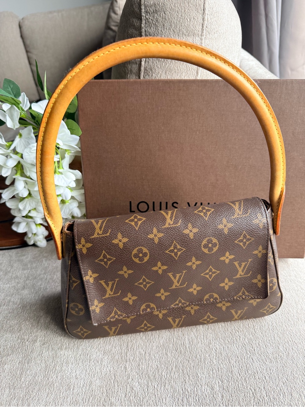 Louis Vuitton Monogram Canvas Mini Looping Shoulder Bag with Tan Handle